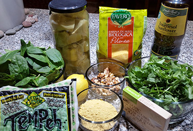 Polenta with Greens, Tempeh and Pesto